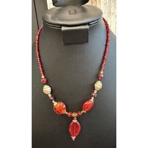 Red Glass Bead Statement Necklace Pendant Adjustable Length 18”